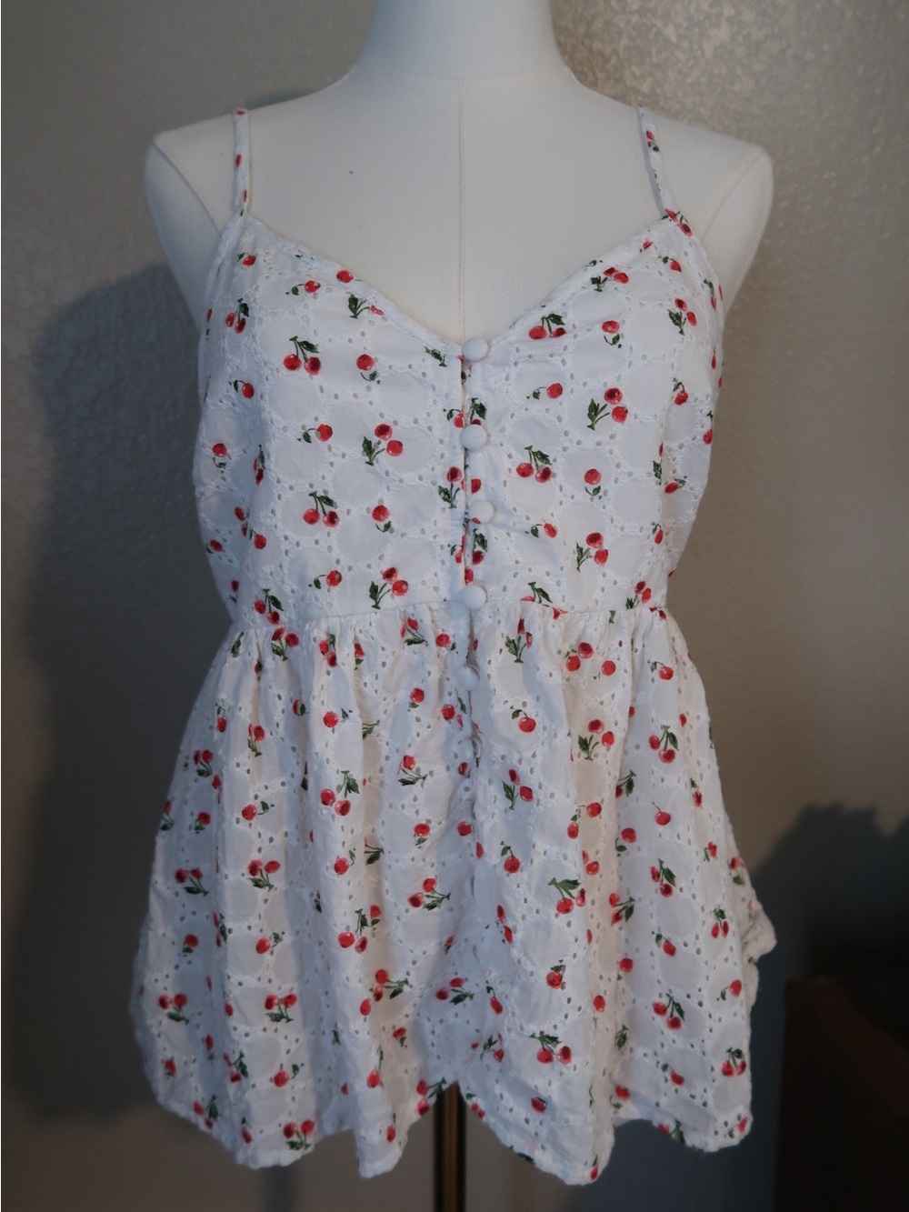 White Eyelet Cherry Print Spaghetti Strap Top